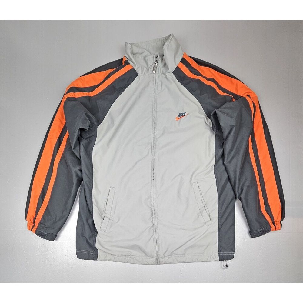 Nike Jacket Mens Large Y2K Full Zip Mesh Lined Waist Drawstring Gray Orange